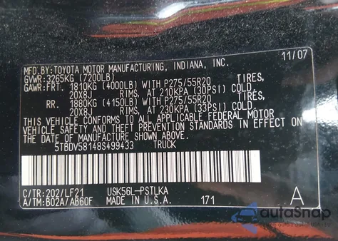 2008 Toyota Tundra Limited 5.7L V8 from USA, damaged, VIN 5TBDV58148S499433